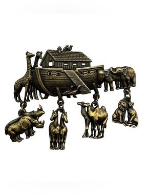 Vintage JJ Noah’s‎ Ark Animal Dangle Brooch Pin 3” Gold Tone